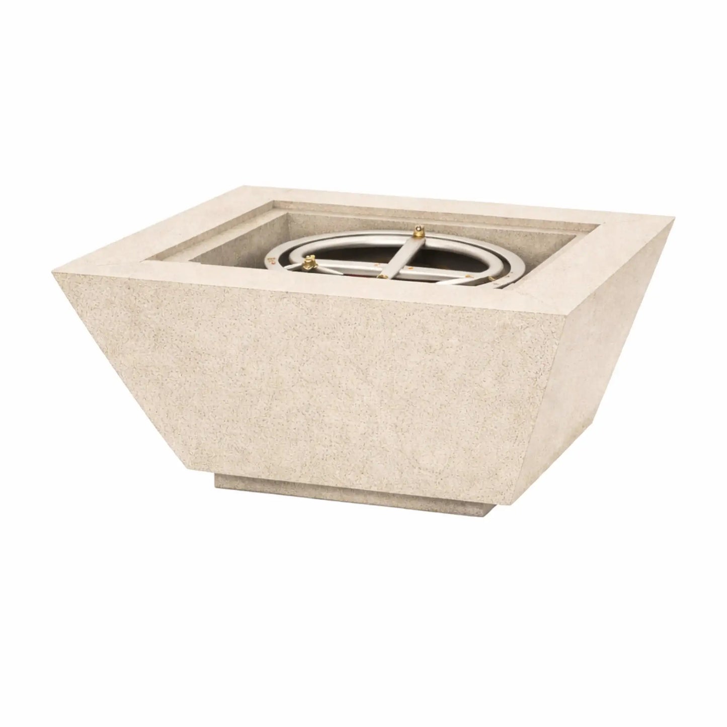 White Flame Havens 30 inch square angular fire bowl shown without flame, emphasizing the crisp square form, angled walls, and integrated burner system.