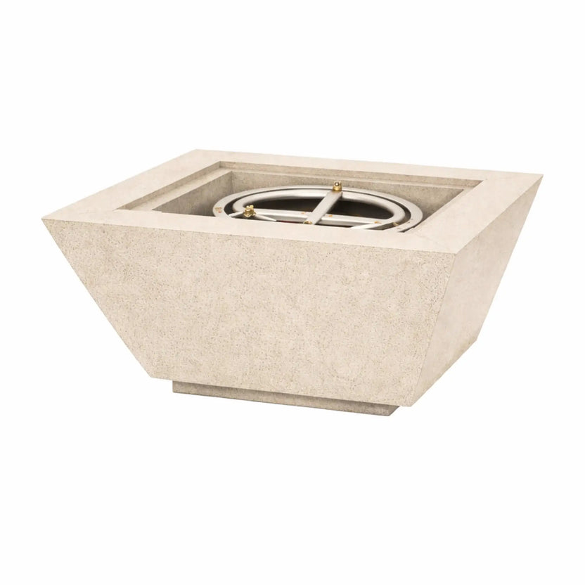 White Flame Havens 30 inch square angular fire bowl shown without flame, emphasizing the crisp square form, angled walls, and integrated burner system.