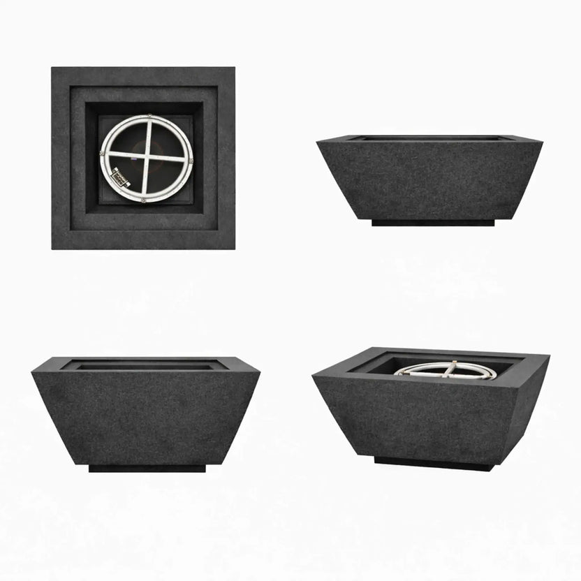 Multiple angle views of the Flame Havens 30 inch square angular fire bowl in black finish, displaying top, side, and perspective views for outdoor fire pit design planning.