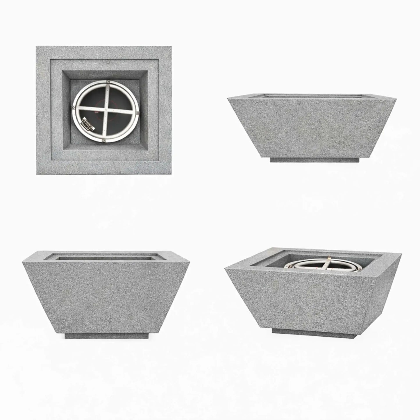 Product image set of the Flame Havens 30 inch square angular fire bowl in gray concrete, showing detailed views of the bowl shape, texture, and burner placement.
