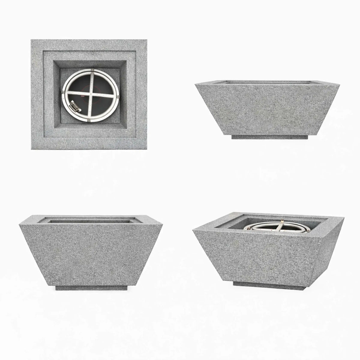Product image set of the Flame Havens 30 inch square angular fire bowl in gray concrete, showing detailed views of the bowl shape, texture, and burner placement.
