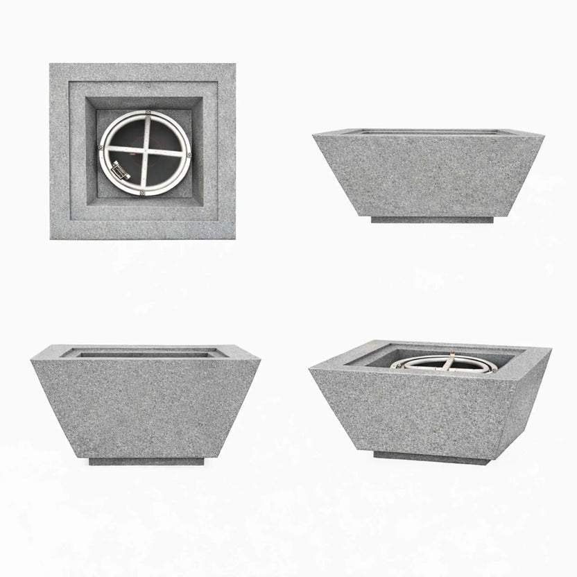 Product image set of the Flame Havens 30 inch square angular fire bowl in gray concrete, showing detailed views of the bowl shape, texture, and burner placement.