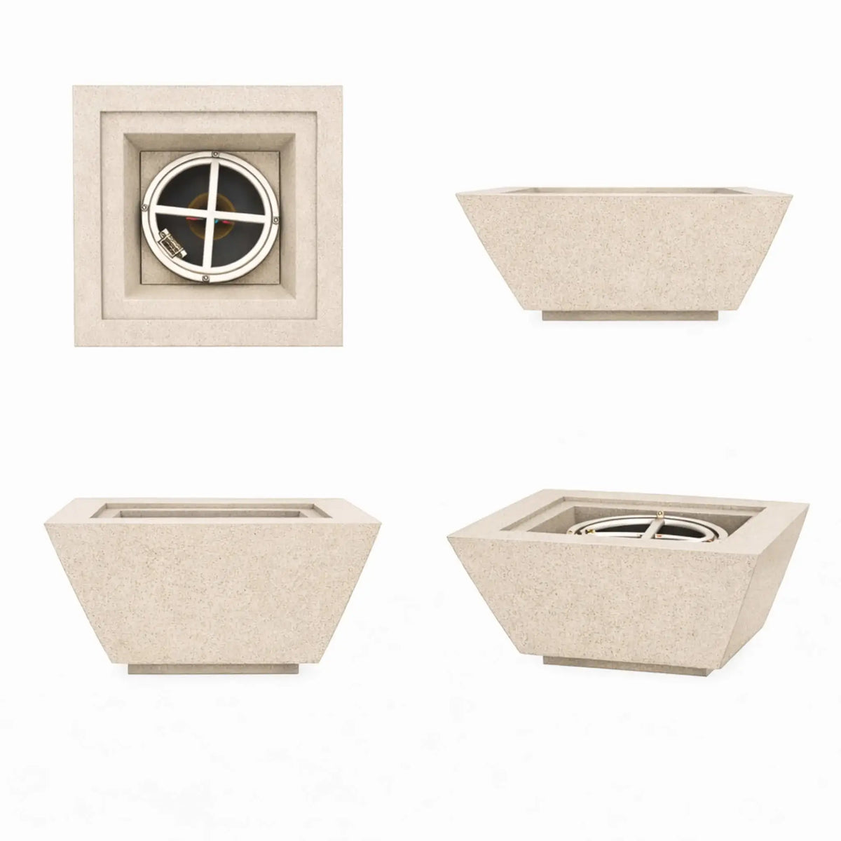 White Flame Havens 30 inch square angular fire bowl shown from multiple angles, illustrating its modern geometry and suitability for upscale outdoor environments.