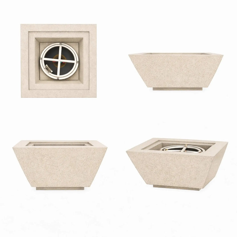 White Flame Havens 30 inch square angular fire bowl shown from multiple angles, illustrating its modern geometry and suitability for upscale outdoor environments.