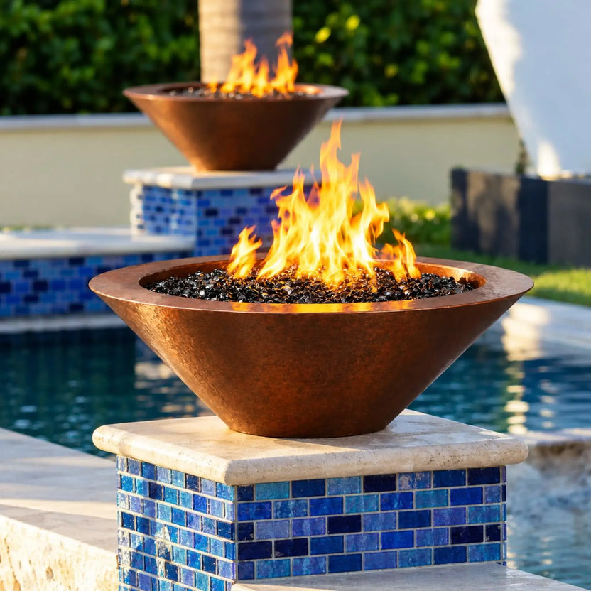 31" Round Bella Hammered Copper Fire Bowl by Flame Havens Serenity Series