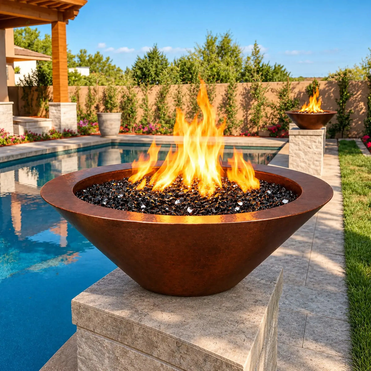 31" Round Bella Hammered Copper Fire Bowl by Flame Havens Serenity Series