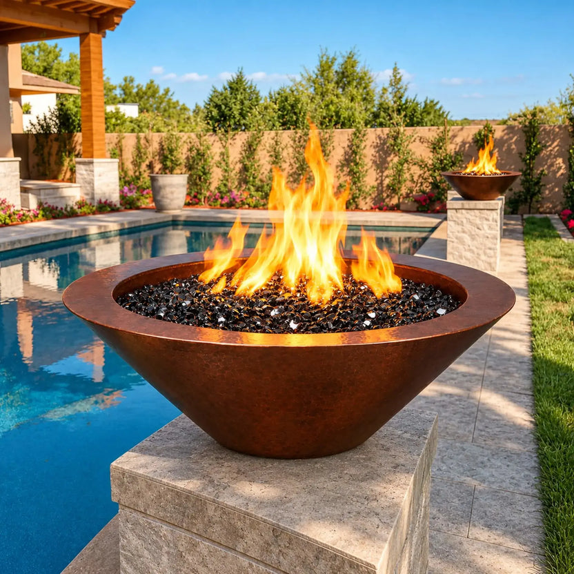 31" Round Bella Hammered Copper Fire Bowl by Flame Havens Serenity Series