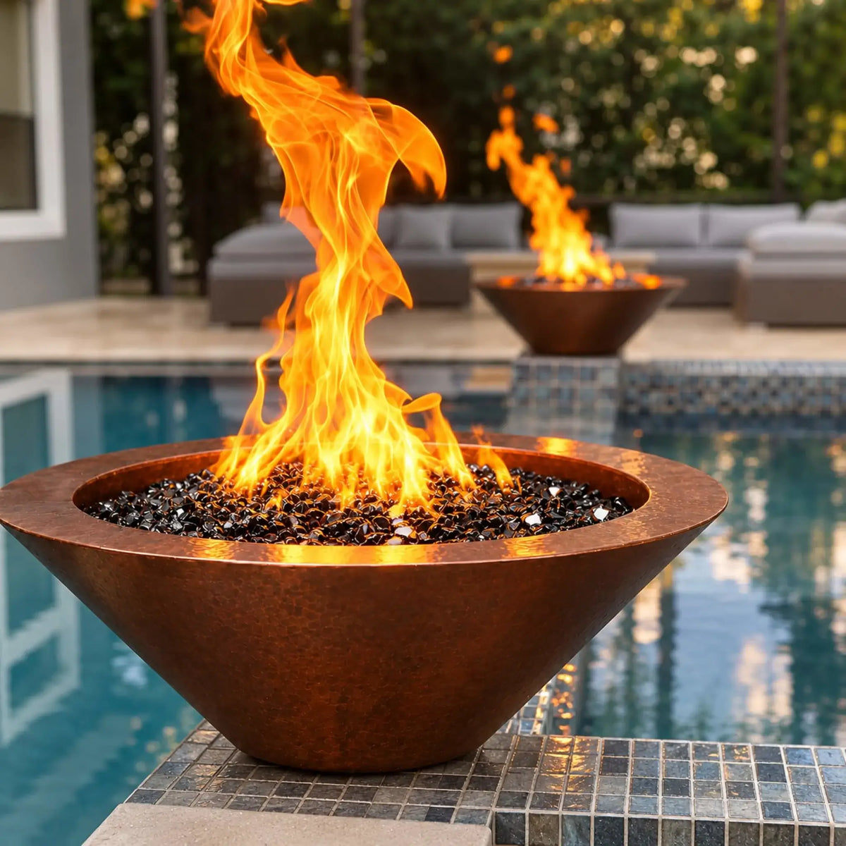 31" Round Bella Hammered Copper Fire Bowl by Flame Havens Serenity Series