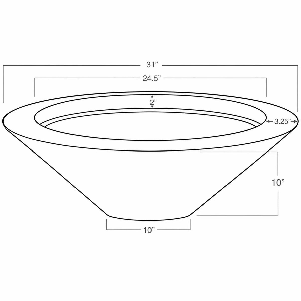 Detailed dimensional drawing of the Flame Havens Bella Hammered Copper Fire Bowl by OREQ Corporation. The illustration showcases the bowl's wide circular opening, gently tapered sides, and flat bottom, with measurements identifying its 31-inch outside diameter, 24.5-inch interior opening, 3.25-inch rim width, 2-inch inner rim depth, 10-inch overall height, and 10-inch base diameter. This specification diagram highlights the proportions of the hammered copper outdoor fire bowl.