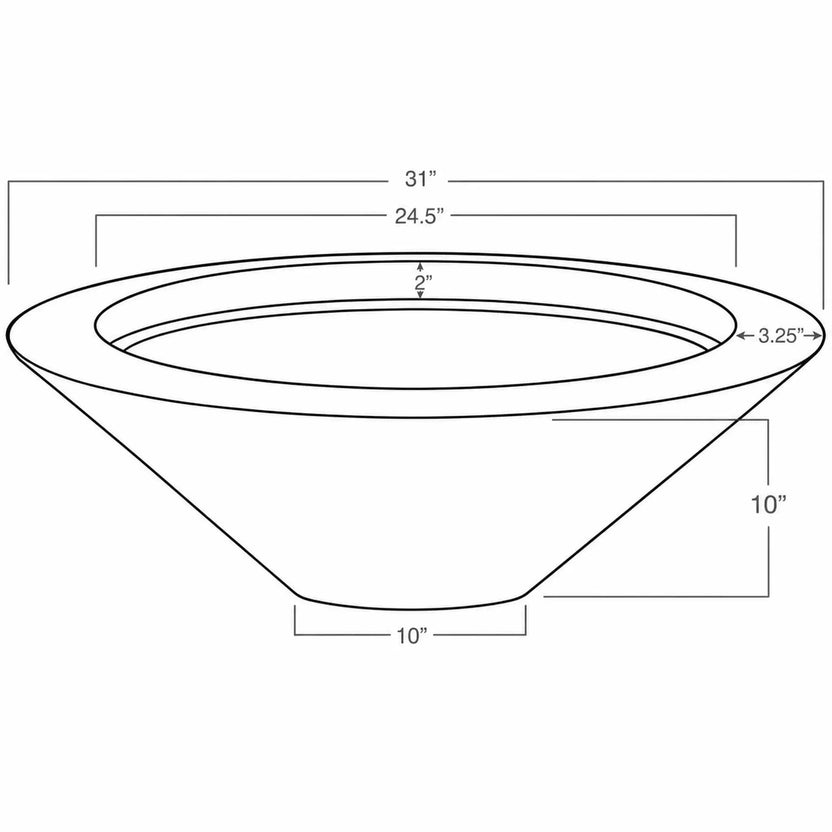 Detailed dimensional drawing of the Flame Havens Bella Hammered Copper Fire Bowl by OREQ Corporation. The illustration showcases the bowl's wide circular opening, gently tapered sides, and flat bottom, with measurements identifying its 31-inch outside diameter, 24.5-inch interior opening, 3.25-inch rim width, 2-inch inner rim depth, 10-inch overall height, and 10-inch base diameter. This specification diagram highlights the proportions of the hammered copper outdoor fire bowl.