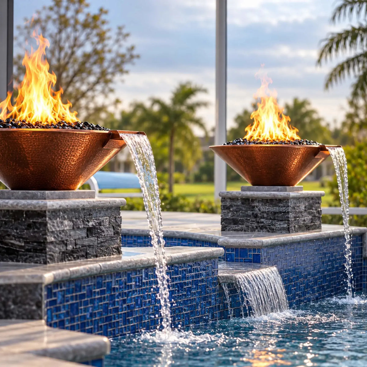 Two Flame Havens Bella hammered copper fire and water bowls sit on gray stacked-stone pillars beside a pool. Flames rise above black fire glass, and each copper scupper sends a sheet of water into the pool. A central spillway flows over the blue mosaic-tiled wall between them, with palm trees visible beyond the screened enclosure.