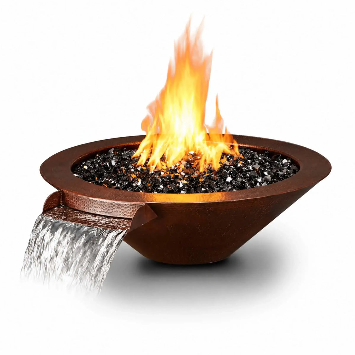 Flame Havens Bella hammered copper fire and water bowl isolated on a white background. The angled product view shows a wide circular rim, tapered copper body, and glossy black fire glass with tall yellow-orange flames. Water cascades from the copper scupper at the front left, with a soft shadow beneath the bowl.