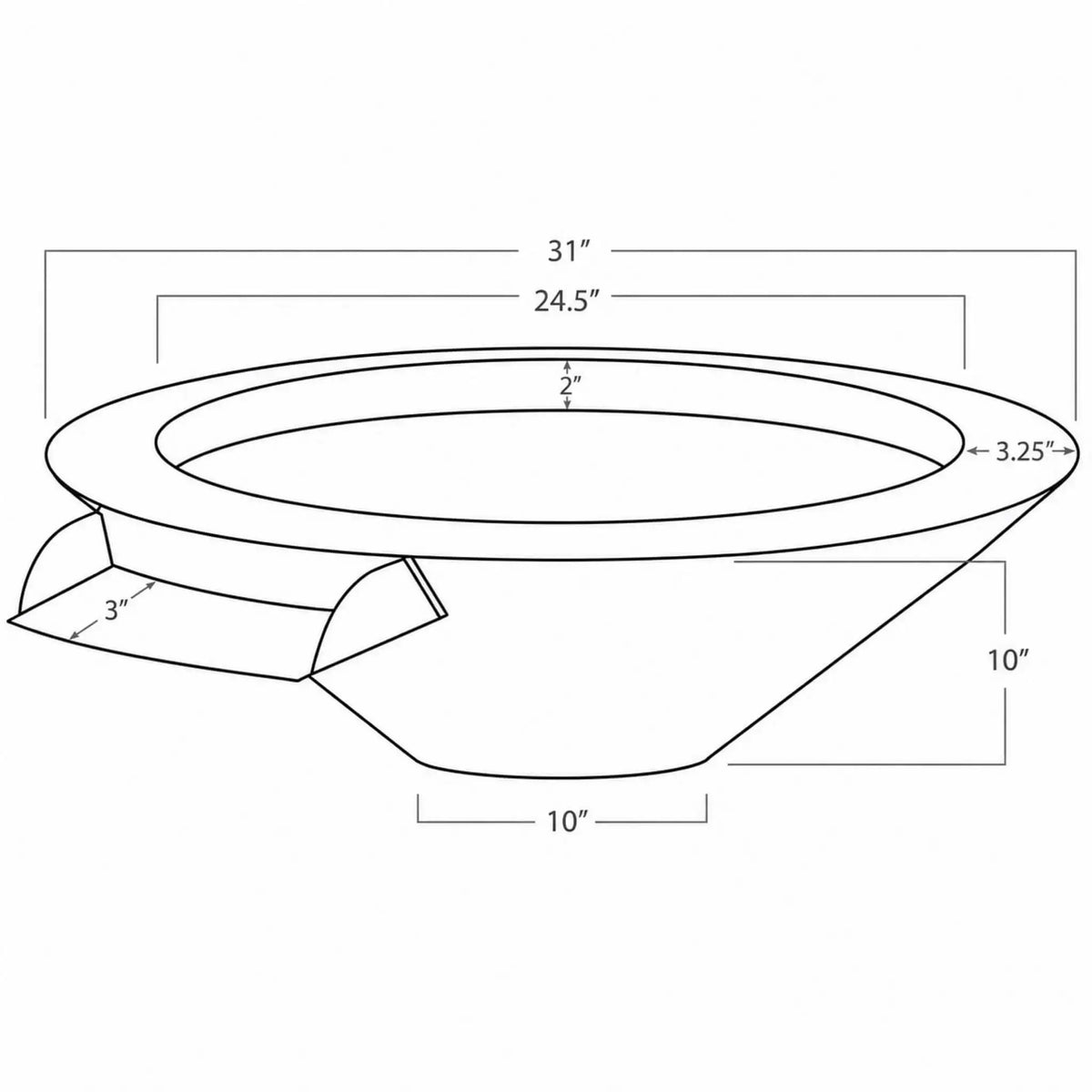 Technical specification drawing of the Flame Havens Bella Hammered Copper Fire & Water Bowl by OREQ Corporation. This dimensional diagram highlights the bowl's 31-inch outside diameter, 24.5-inch interior opening, 3.25-inch rim width, 2-inch inner rim depth, 10-inch overall height, and 10-inch base diameter. A side-mounted water spillway with a 3-inch measurement is also illustrated, showing the design and proportions of this decorative outdoor fire and water feature.
