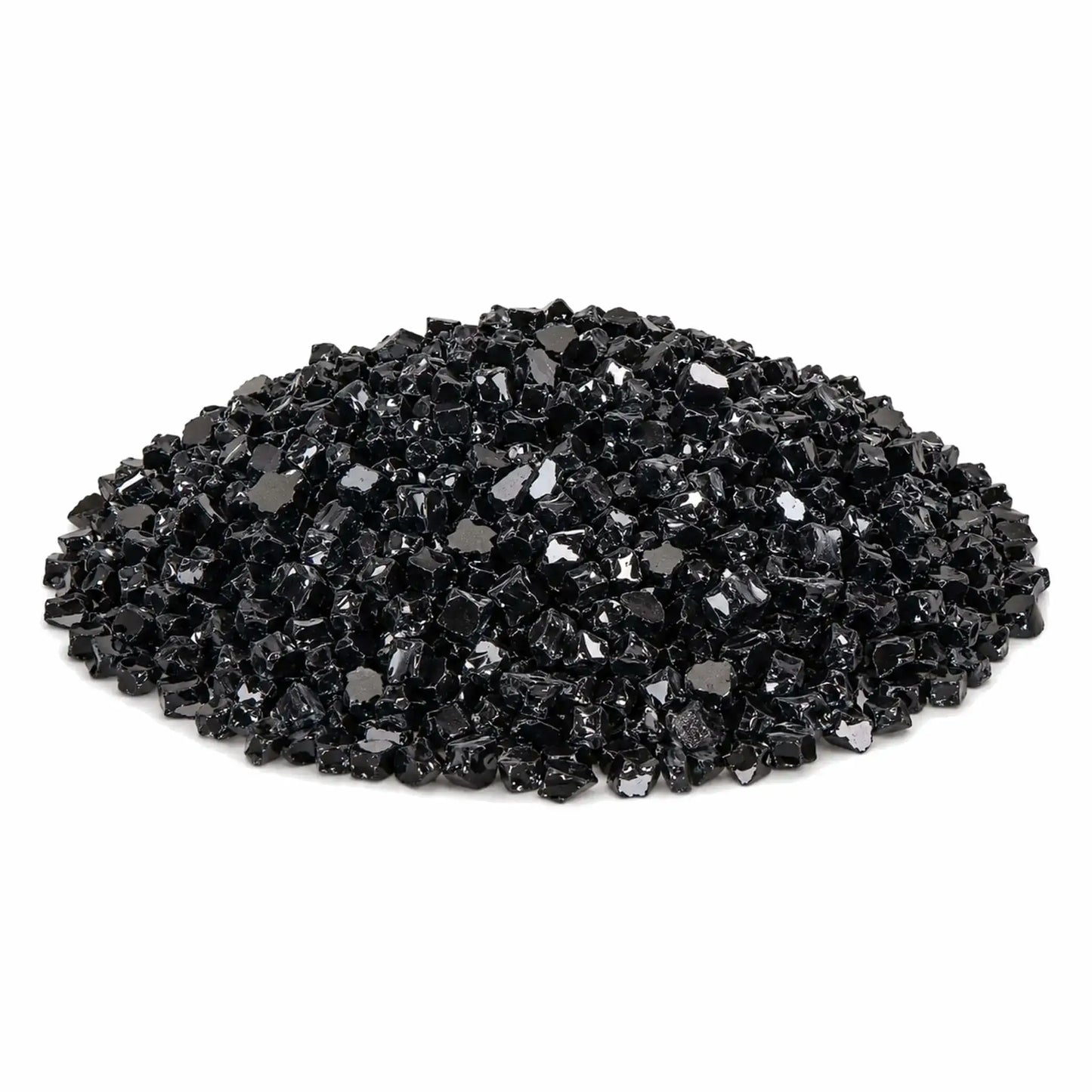 Main product image of Flame Havens reflective 1/2-inch tempered broken black fire glass arranged in a generous pile on a clean white background. The close-up view highlights the media’s irregular shapes, deep black color, smooth tempered edges, and glossy mirrored surfaces that catch and reflect the light.