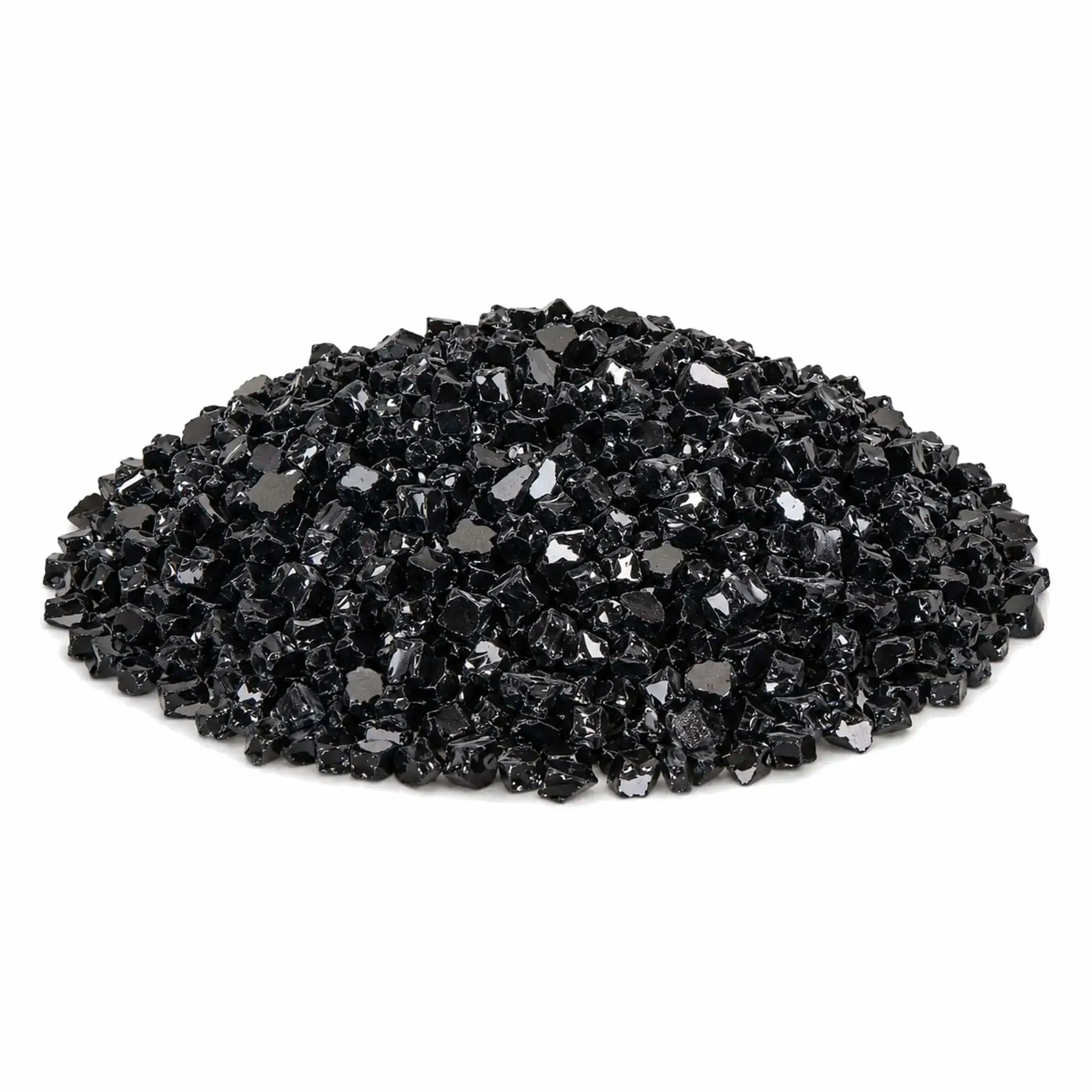 Main product image of Flame Havens reflective 1/2-inch tempered broken black fire glass arranged in a generous pile on a clean white background. The close-up view highlights the media’s irregular shapes, deep black color, smooth tempered edges, and glossy mirrored surfaces that catch and reflect the light.