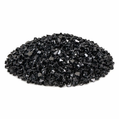Main product image of Flame Havens reflective 1/2-inch tempered broken black fire glass arranged in a generous pile on a clean white background. The close-up view highlights the media’s irregular shapes, deep black color, smooth tempered edges, and glossy mirrored surfaces that catch and reflect the light.