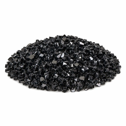 Main product image of Flame Havens reflective 1/2-inch tempered broken black fire glass arranged in a generous pile on a clean white background. The close-up view highlights the media’s irregular shapes, deep black color, smooth tempered edges, and glossy mirrored surfaces that catch and reflect the light.