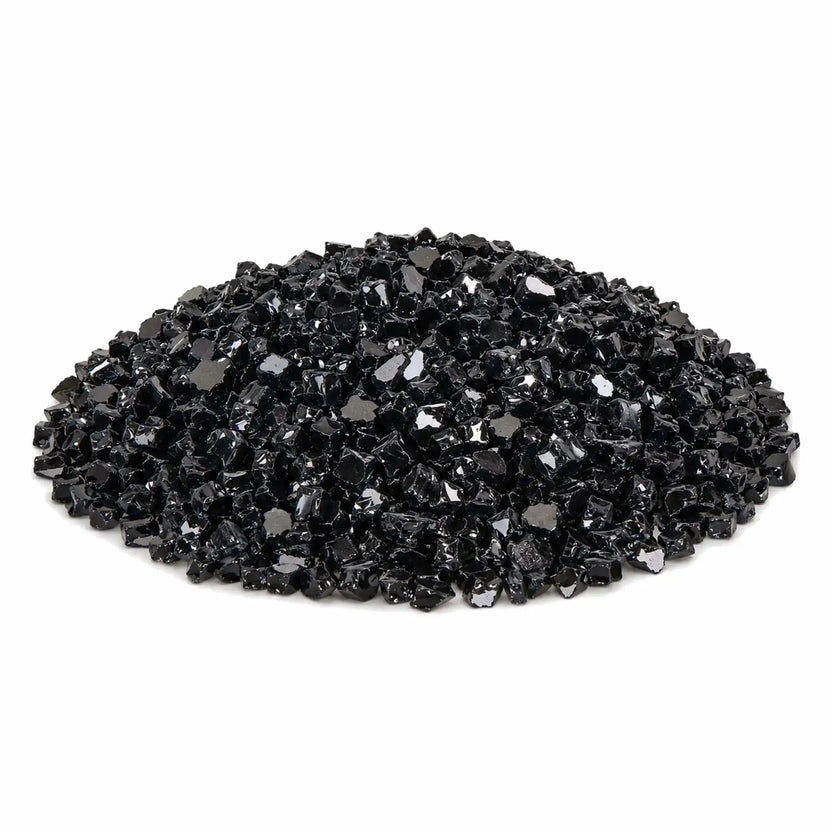 Main product image of Flame Havens reflective 1/2-inch tempered broken black fire glass arranged in a generous pile on a clean white background. The close-up view highlights the media’s irregular shapes, deep black color, smooth tempered edges, and glossy mirrored surfaces that catch and reflect the light.