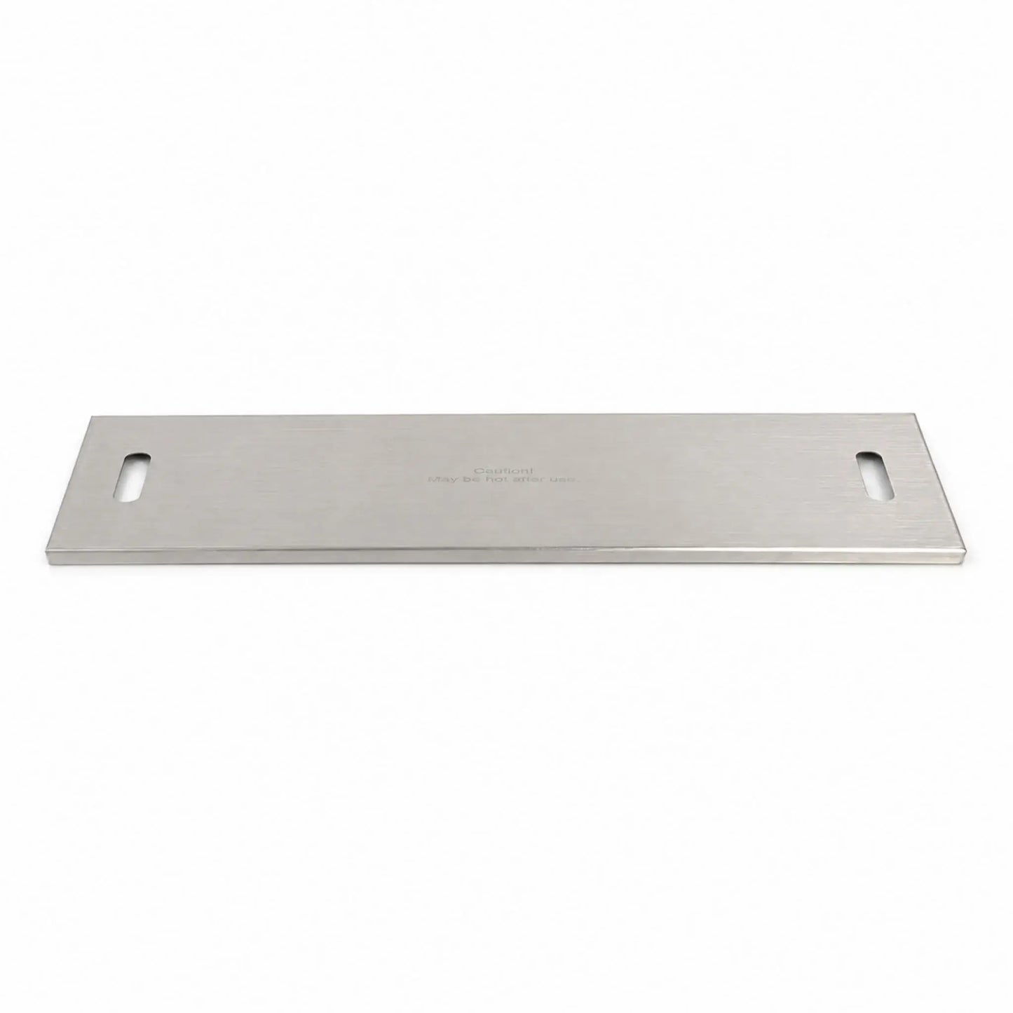 Flame Havens Refuge Series 33 x 11-inch rectangular stainless steel burner cover shown in full against a white background. The brushed metal cover features a slim, low-profile design, rounded rectangular handle openings at both ends, finished edges, and a centered caution message indicating the surface may be hot after use.