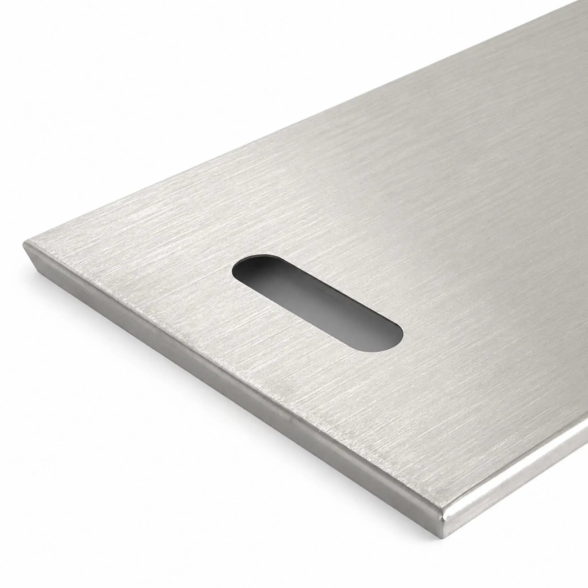 Close-up of the left handle on the Flame Havens Refuge Series 45 x 11-inch rectangular stainless steel burner cover. The rounded rectangular hand opening is cut into the brushed metal surface near the end, while the folded perimeter edge adds a clean, finished profile.