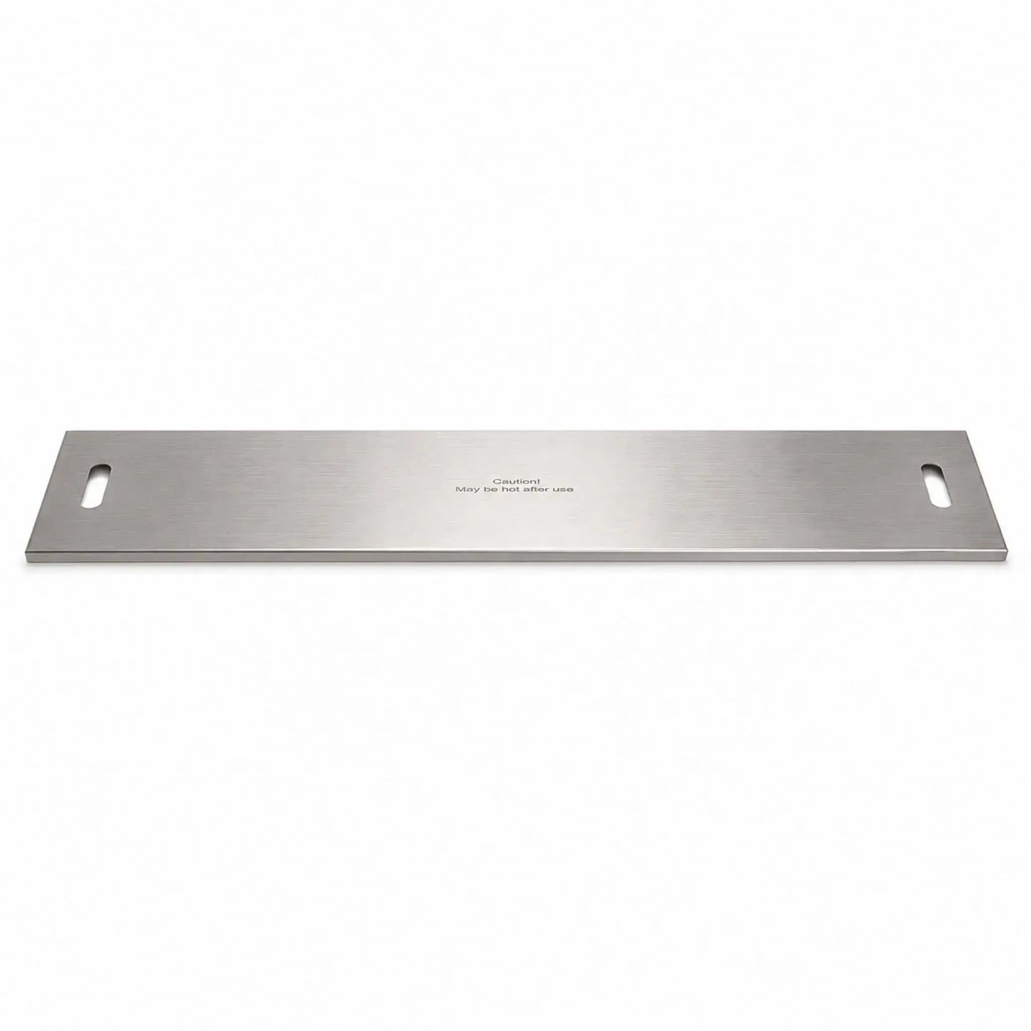 Full product view of the Flame Havens Refuge Series 45 x 11-inch rectangular stainless steel burner cover on a white background. The long, low-profile cover features a brushed metal finish, rounded rectangular handle openings at both ends, folded edges, and a centered “Caution! May be hot after use” safety message.