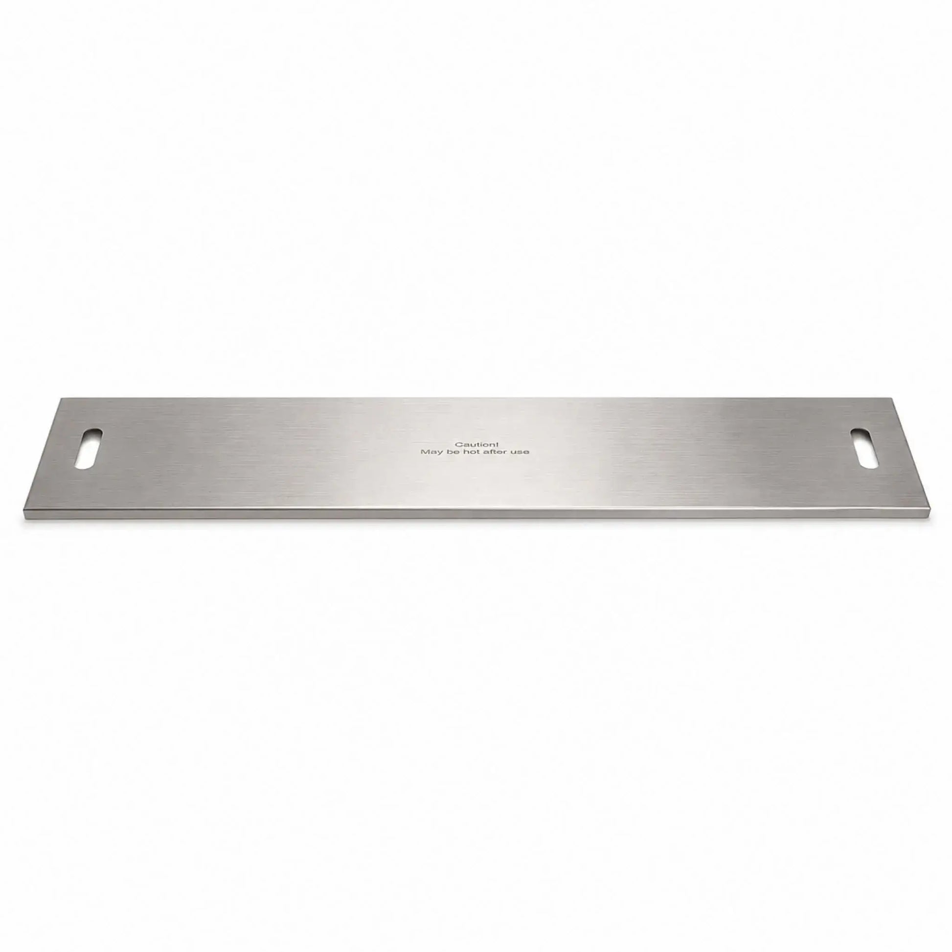 Full product view of the Flame Havens Refuge Series 45 x 11-inch rectangular stainless steel burner cover on a white background. The long, low-profile cover features a brushed metal finish, rounded rectangular handle openings at both ends, folded edges, and a centered “Caution! May be hot after use” safety message.