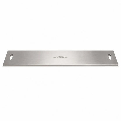 Full product view of the Flame Havens Refuge Series 45 x 11-inch rectangular stainless steel burner cover on a white background. The long, low-profile cover features a brushed metal finish, rounded rectangular handle openings at both ends, folded edges, and a centered “Caution! May be hot after use” safety message.