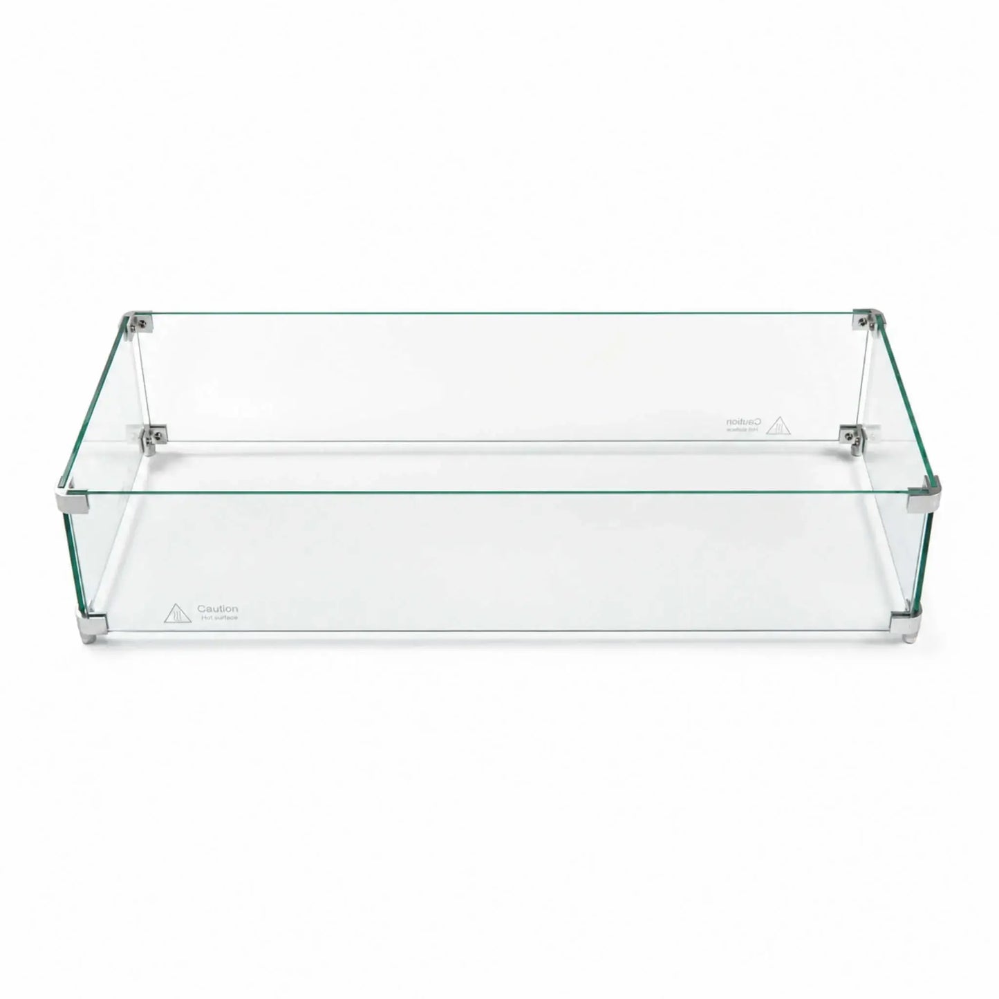 Fully assembled Flame Havens Refuge Series 36 x 14 x 7-inch rectangular tempered glass wind guard shield shown against a white background. Four clear glass panels form a low-profile enclosure joined by silver corner brackets and support feet, with visible “Caution Hot surface” markings along the lower edges.