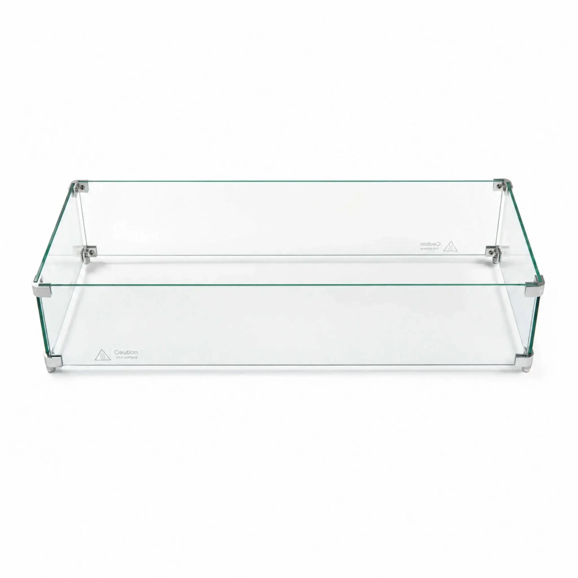 Fully assembled Flame Havens Refuge Series 36 x 14 x 7-inch rectangular tempered glass wind guard shield shown against a white background. Four clear glass panels form a low-profile enclosure joined by silver corner brackets and support feet, with visible “Caution Hot surface” markings along the lower edges.