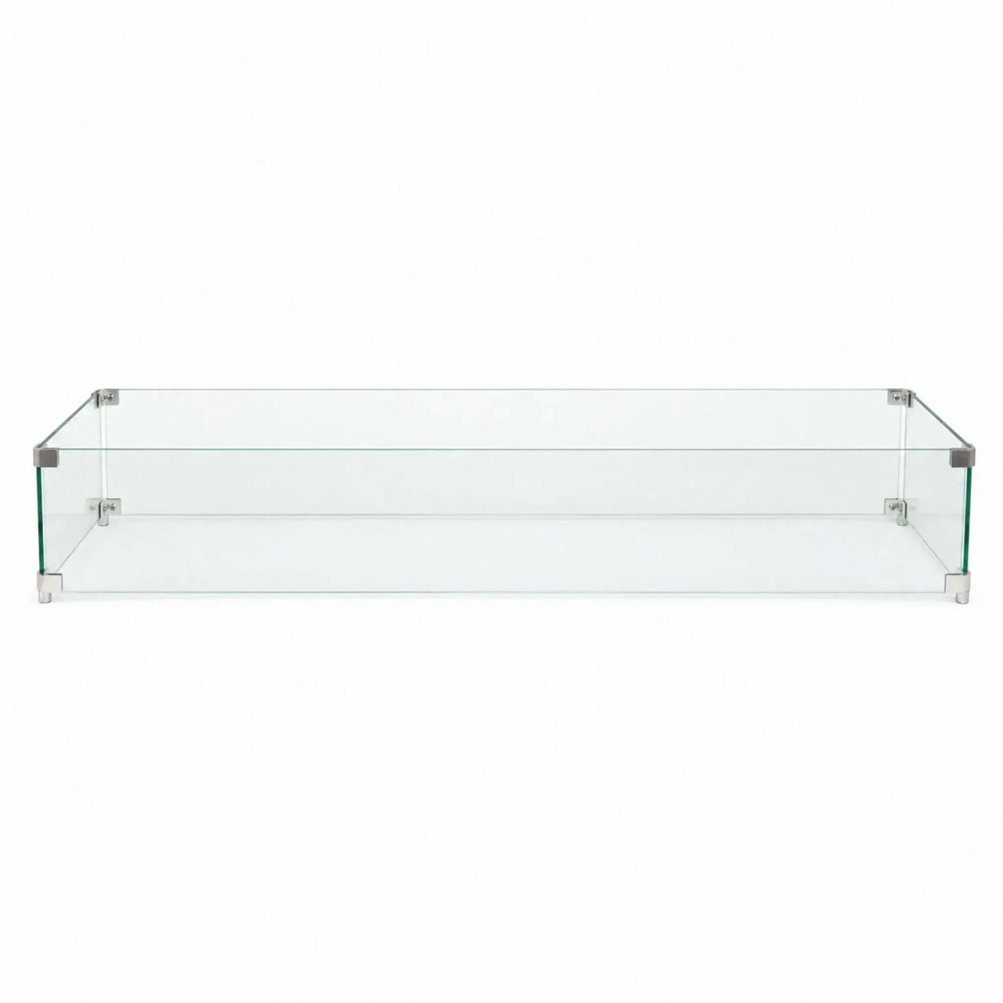 Full front view of the Flame Havens Refuge Series 48 x 14 x 7-inch rectangular tempered glass wind guard shield on a white background. Four clear glass panels form a long protective enclosure, joined by brushed stainless steel corner brackets and supported by compact metal feet at each corner.
