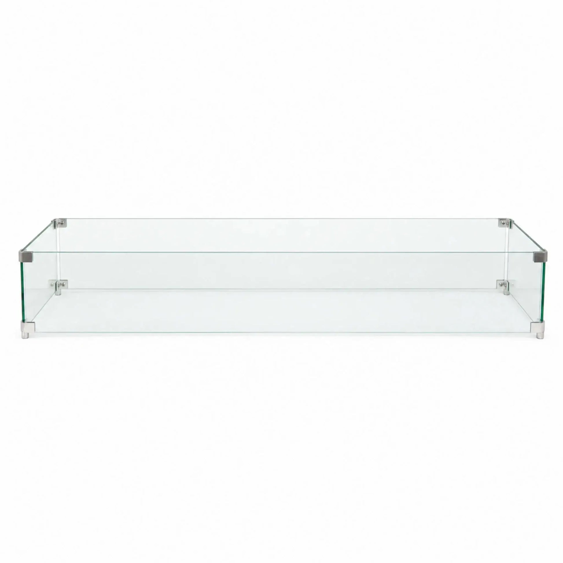 Full front view of the Flame Havens Refuge Series 48 x 14 x 7-inch rectangular tempered glass wind guard shield on a white background. Four clear glass panels form a long protective enclosure, joined by brushed stainless steel corner brackets and supported by compact metal feet at each corner.