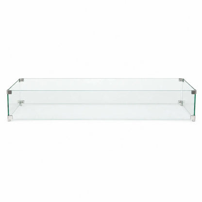 Full front view of the Flame Havens Refuge Series 48 x 14 x 7-inch rectangular tempered glass wind guard shield on a white background. Four clear glass panels form a long protective enclosure, joined by brushed stainless steel corner brackets and supported by compact metal feet at each corner.