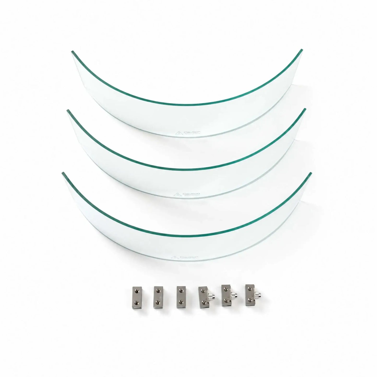Disassembled Flame Havens Refuge Series tempered glass wind guard shield measuring 28 inches round by 7 inches tall. Three curved clear glass panels with green-tinted edges and hot-surface warnings are arranged above six silver metal clamps and support pieces on a white background.