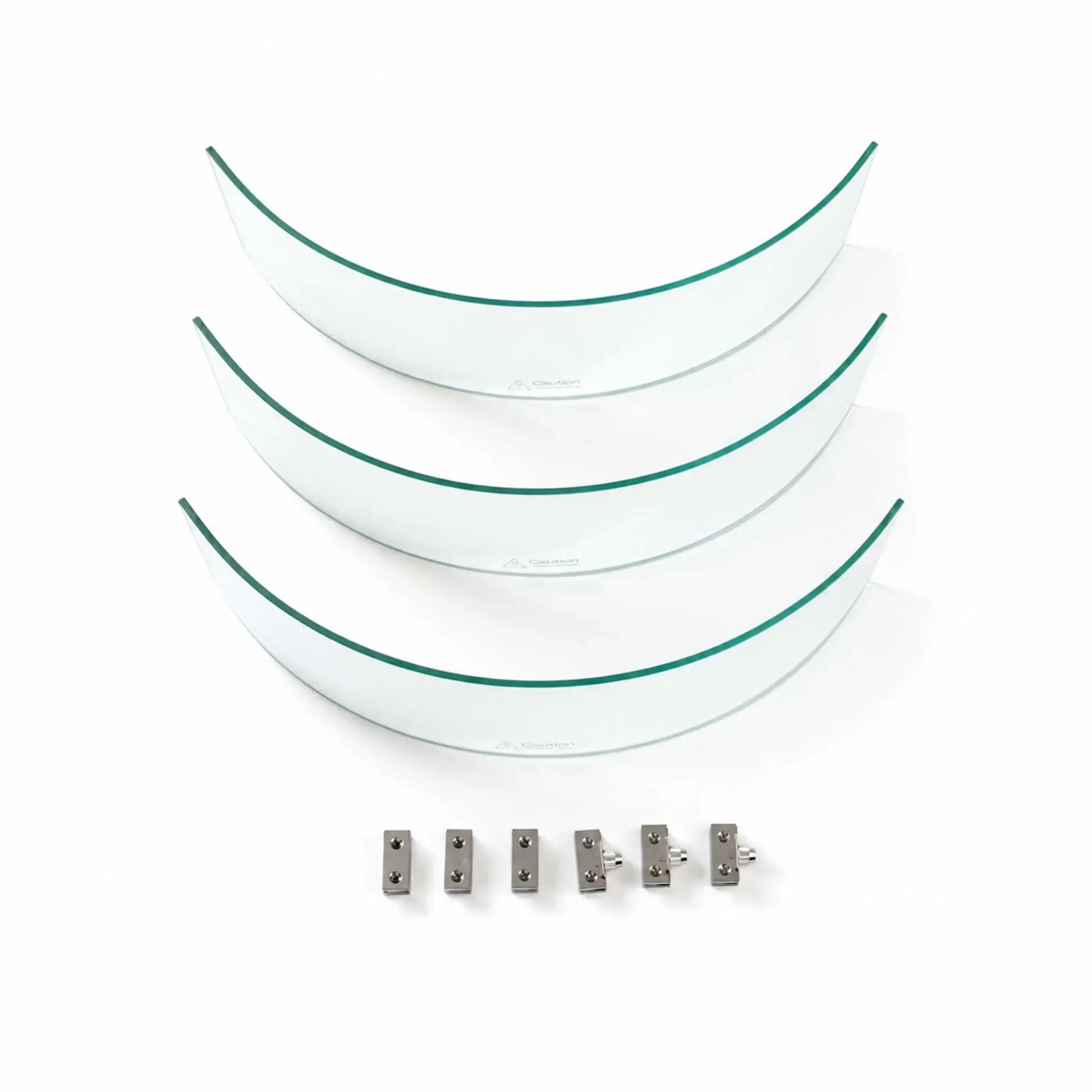 Disassembled Flame Havens Refuge Series tempered glass wind guard shield measuring 28 inches round by 7 inches tall. Three curved clear glass panels with green-tinted edges and hot-surface warnings are arranged above six silver metal clamps and support pieces on a white background.