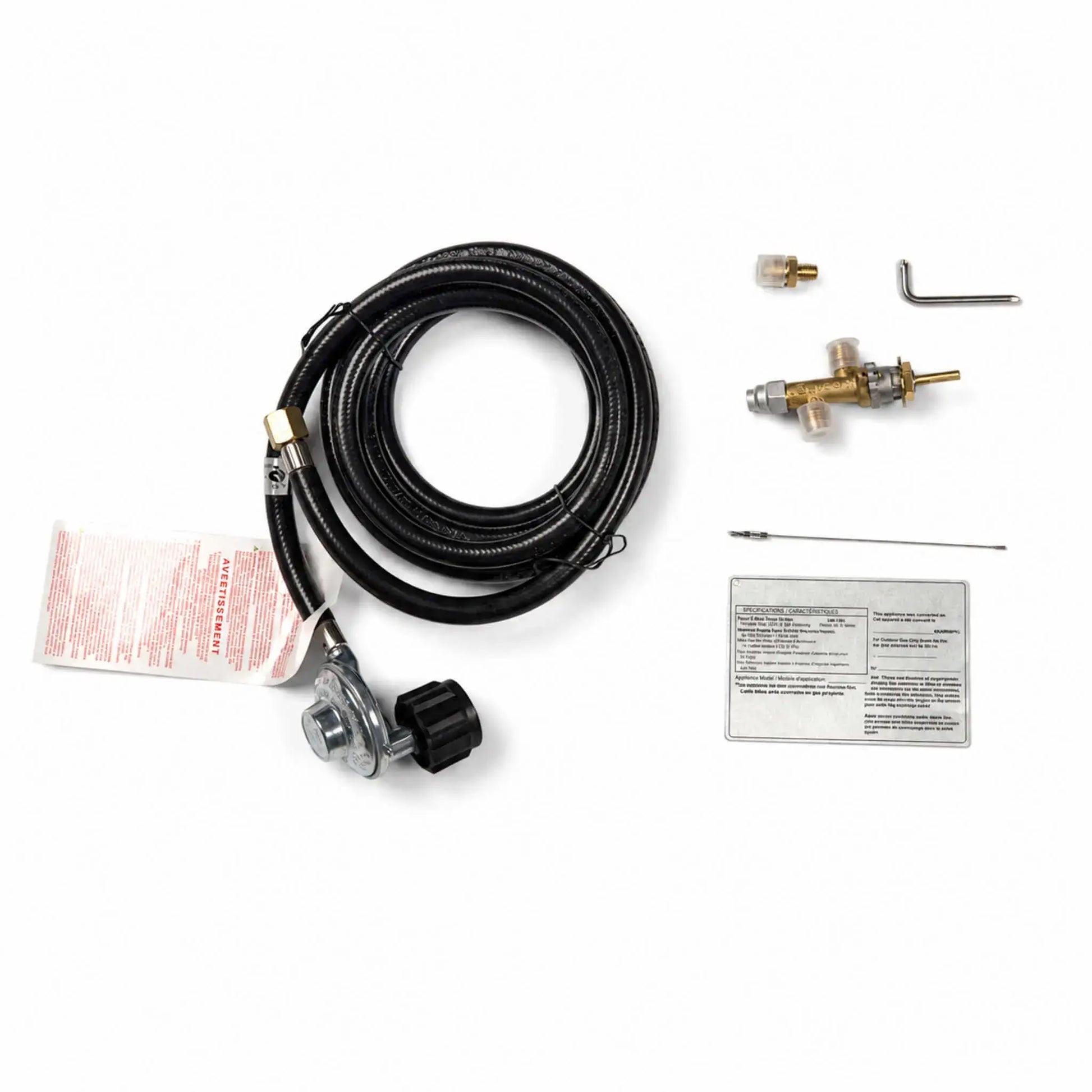 Flame Havens Refuge Series fire pit conversion kit for changing a natural gas unit to propane gas. Displayed on a white background, the kit includes a coiled black propane hose with regulator, brass gas valve assembly, fittings, hex key, slender metal component, warning tag, and specification label.