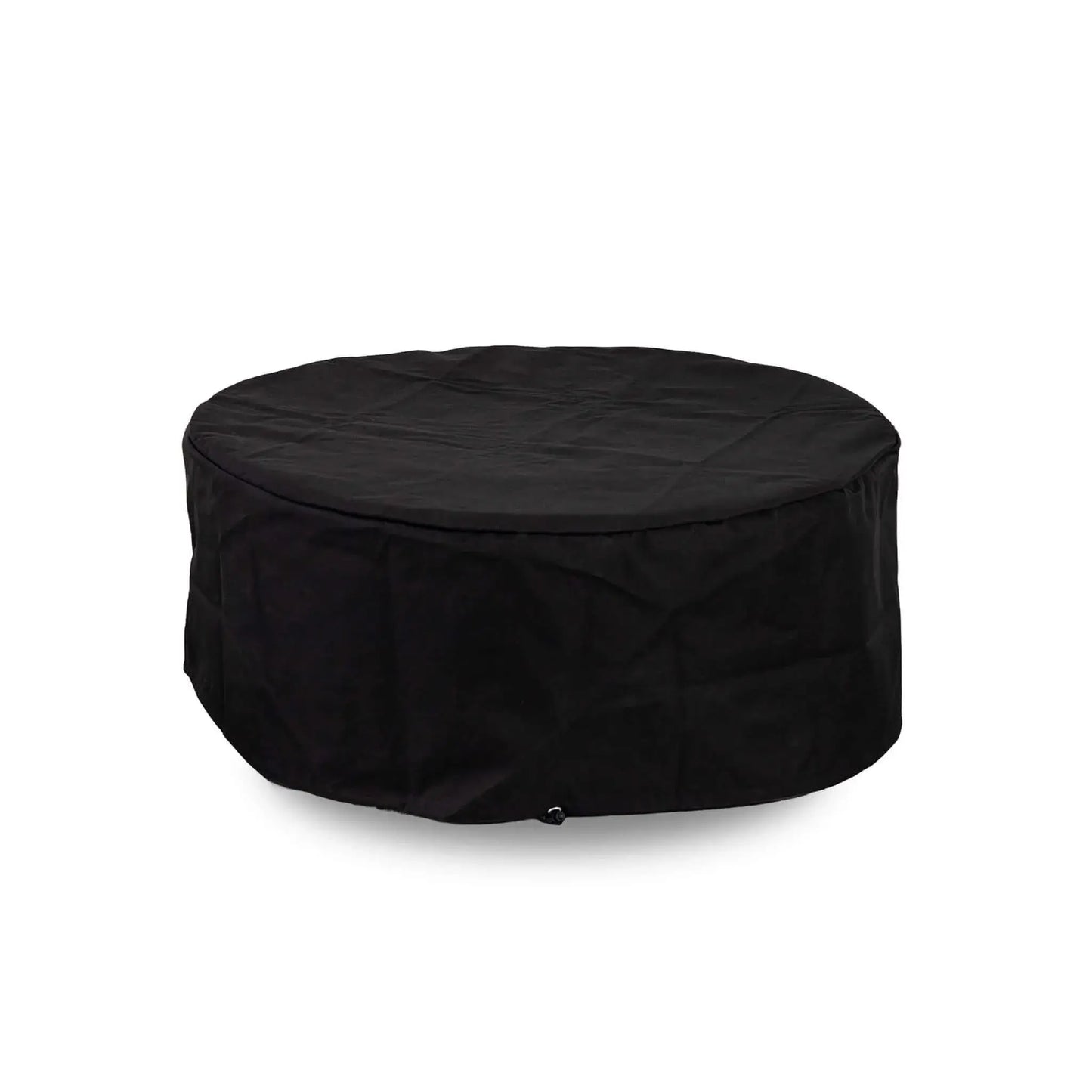 Front product image of the Flame Havens Refuge Series 36-inch Round Natural Gas GFRC Concrete Fire Pit in Black fitted with the custom black canvas fabric cover. The weather-resistant cover completely protects the fire pit while maintaining a clean, tailored appearance for outdoor storage, helping shield the concrete finish and burner components from dirt, moisture, and debris.