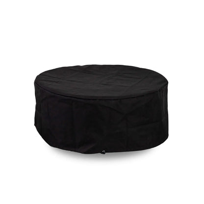 Front product image of the Flame Havens Refuge Series 36-inch Round Natural Gas GFRC Concrete Fire Pit in Black fitted with the custom black canvas fabric cover. The weather-resistant cover completely protects the fire pit while maintaining a clean, tailored appearance for outdoor storage, helping shield the concrete finish and burner components from dirt, moisture, and debris.