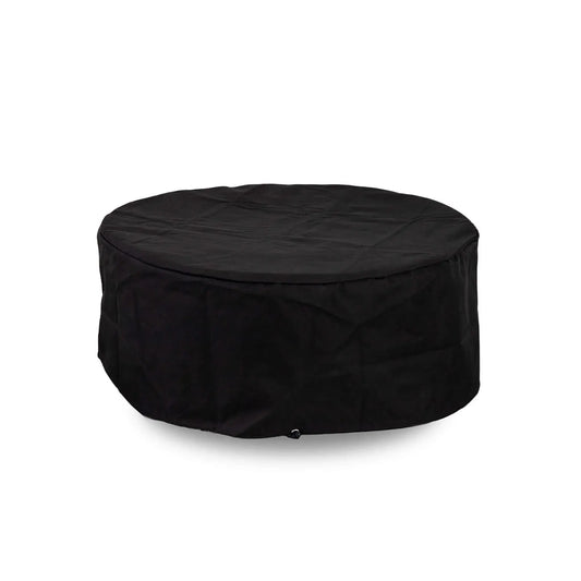 Front product image of the Flame Havens Refuge Series 36-inch Round Natural Gas GFRC Concrete Fire Pit in Black fitted with the custom black canvas fabric cover. The weather-resistant cover completely protects the fire pit while maintaining a clean, tailored appearance for outdoor storage, helping shield the concrete finish and burner components from dirt, moisture, and debris.
