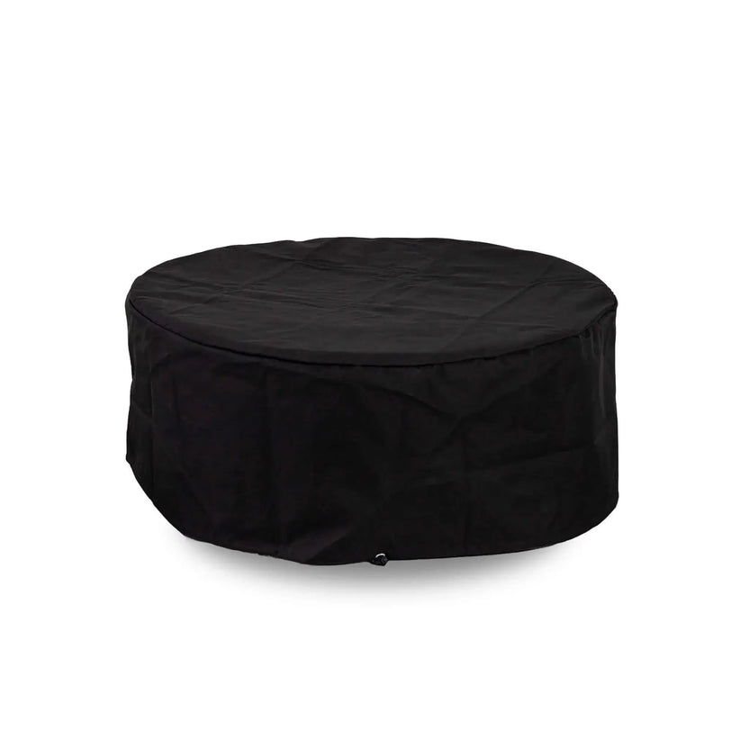 Front product image of the Flame Havens Refuge Series 36-inch Round Natural Gas GFRC Concrete Fire Pit in Black fitted with the custom black canvas fabric cover. The weather-resistant cover completely protects the fire pit while maintaining a clean, tailored appearance for outdoor storage, helping shield the concrete finish and burner components from dirt, moisture, and debris.