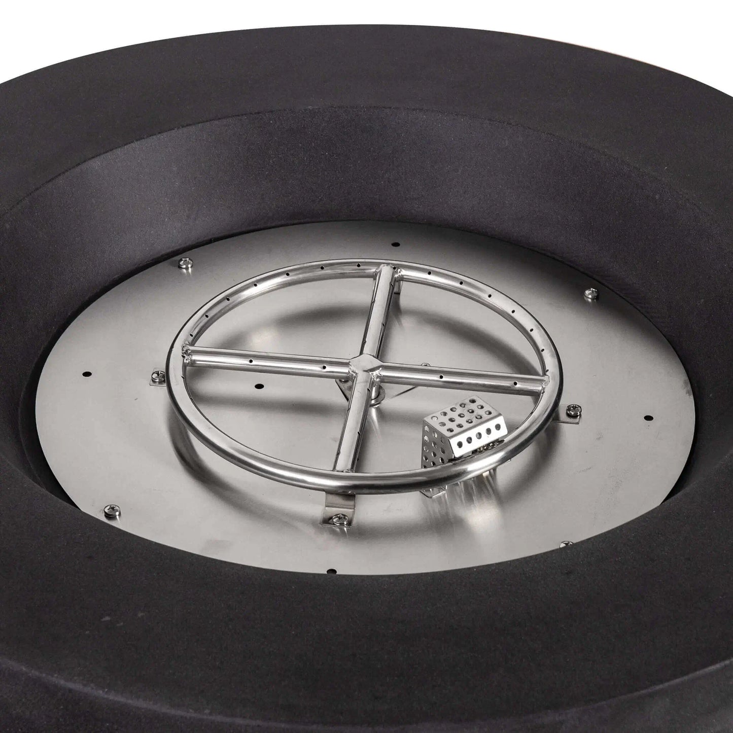 Detailed view inside the Flame Havens Refuge Series 36-inch Round Natural Gas GFRC Concrete Fire Pit showing the stainless steel circular burner, CSA-certified ignition assembly, and precision-engineered burner plate. The close-up highlights the durable stainless steel construction designed for reliable outdoor performance and even flame distribution.