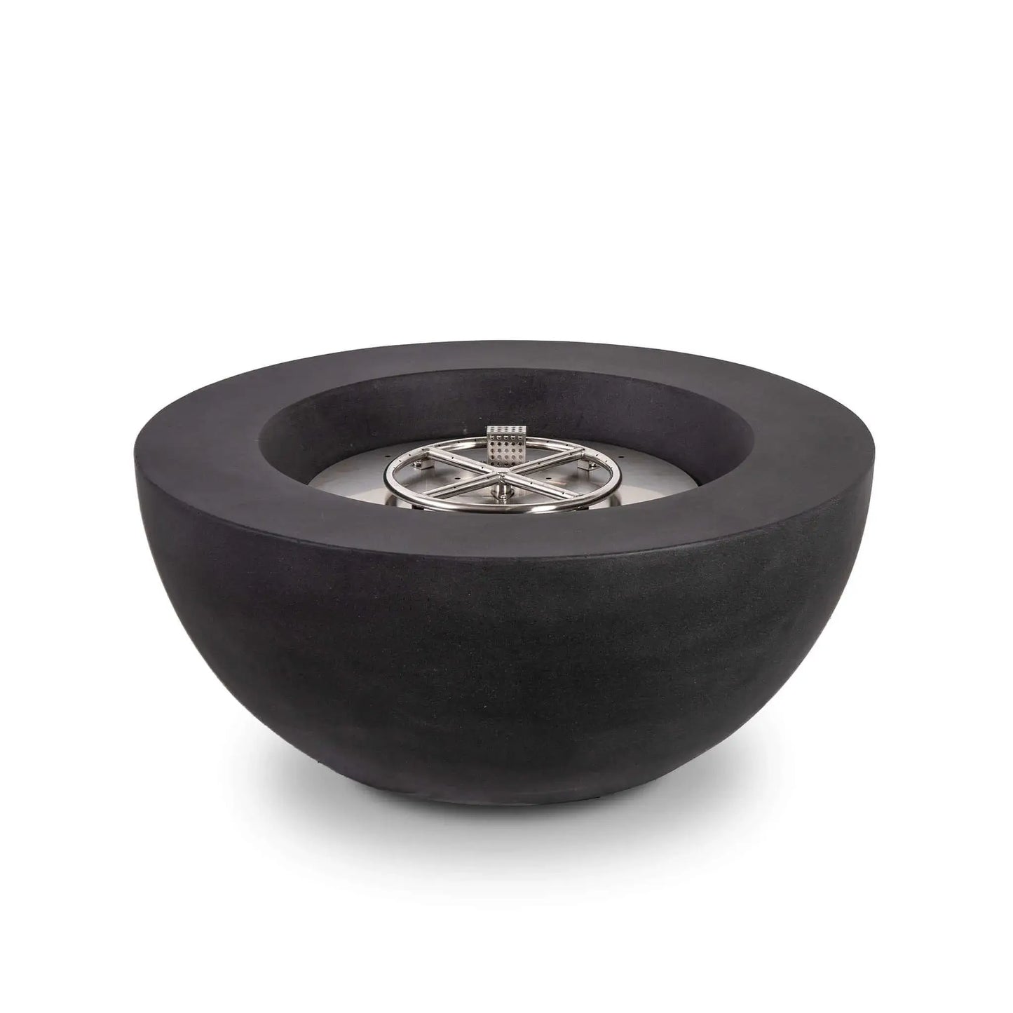 Front product image of the Flame Havens Refuge Series 36-inch Round Natural Gas GFRC Concrete Fire Pit in Black featuring the exposed stainless steel burner system without the front control panel visible. The smooth GFRC concrete bowl, circular burner ring, and premium stainless steel burner plate emphasize the clean, modern design and durable outdoor construction.