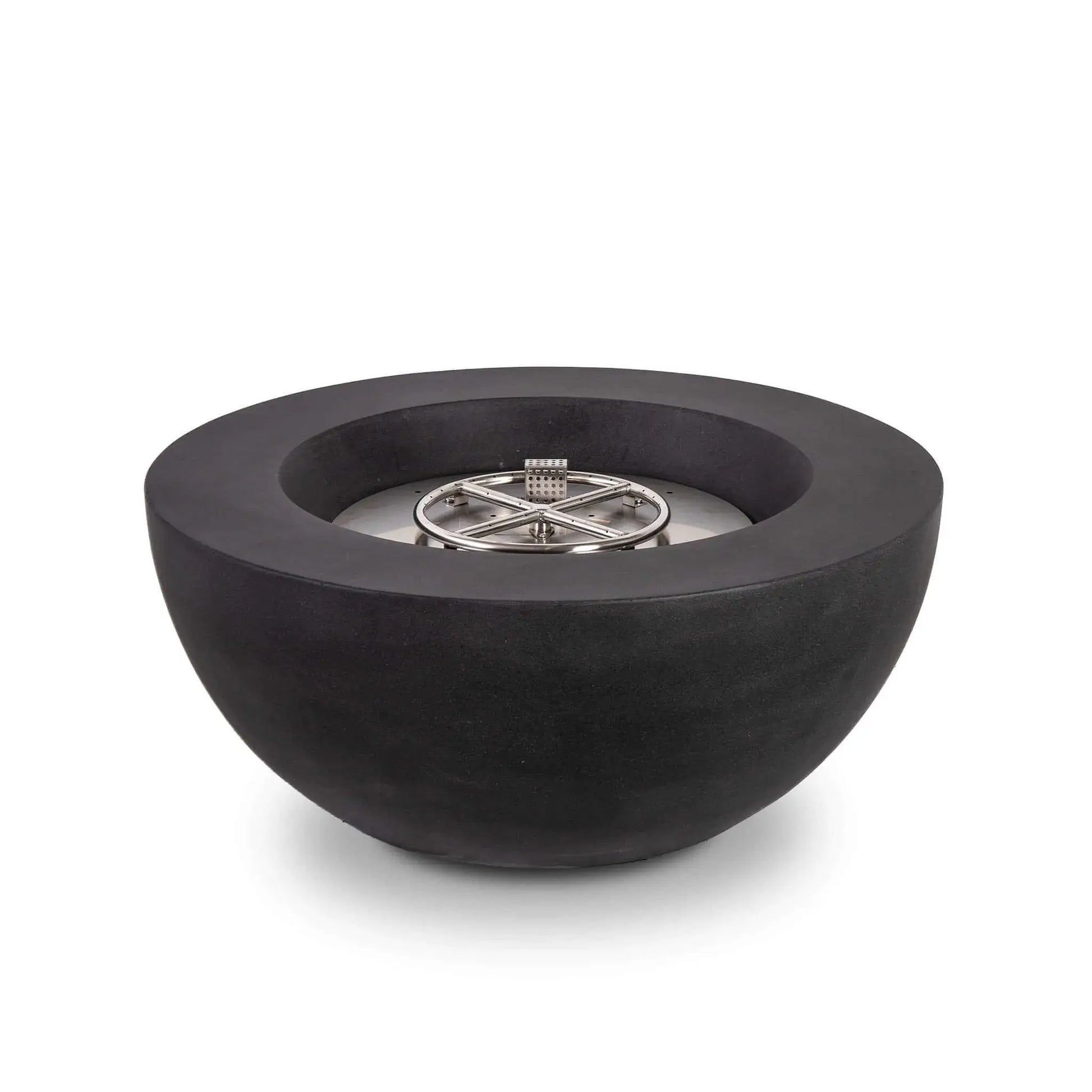 Front product image of the Flame Havens Refuge Series 36-inch Round Natural Gas GFRC Concrete Fire Pit in Black featuring the exposed stainless steel burner system without the front control panel visible. The smooth GFRC concrete bowl, circular burner ring, and premium stainless steel burner plate emphasize the clean, modern design and durable outdoor construction.
