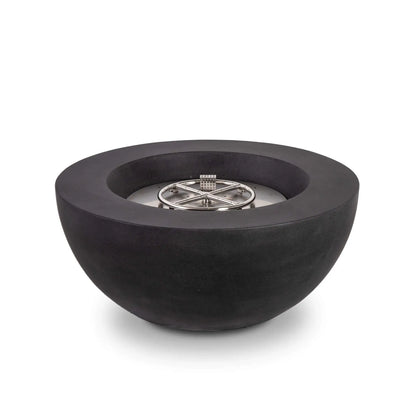 Front product image of the Flame Havens Refuge Series 36-inch Round Natural Gas GFRC Concrete Fire Pit in Black featuring the exposed stainless steel burner system without the front control panel visible. The smooth GFRC concrete bowl, circular burner ring, and premium stainless steel burner plate emphasize the clean, modern design and durable outdoor construction.