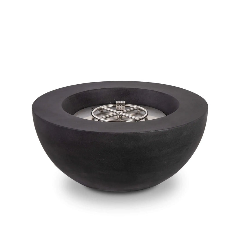 Front product image of the Flame Havens Refuge Series 36-inch Round Natural Gas GFRC Concrete Fire Pit in Black featuring the exposed stainless steel burner system without the front control panel visible. The smooth GFRC concrete bowl, circular burner ring, and premium stainless steel burner plate emphasize the clean, modern design and durable outdoor construction.