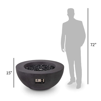 Size comparison image of the Flame Havens Refuge Series 36-inch Round Natural Gas GFRC Concrete Fire Pit in Black positioned beside a 72-inch human silhouette. The graphic highlights the fire pit's approximate 15-inch height, allowing homeowners, designers, and contractors to better visualize the scale and proportions of this modern outdoor fire feature.