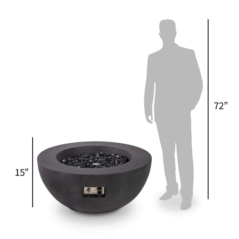 Size comparison image of the Flame Havens Refuge Series 36-inch Round Natural Gas GFRC Concrete Fire Pit in Black positioned beside a 72-inch human silhouette. The graphic highlights the fire pit's approximate 15-inch height, allowing homeowners, designers, and contractors to better visualize the scale and proportions of this modern outdoor fire feature.