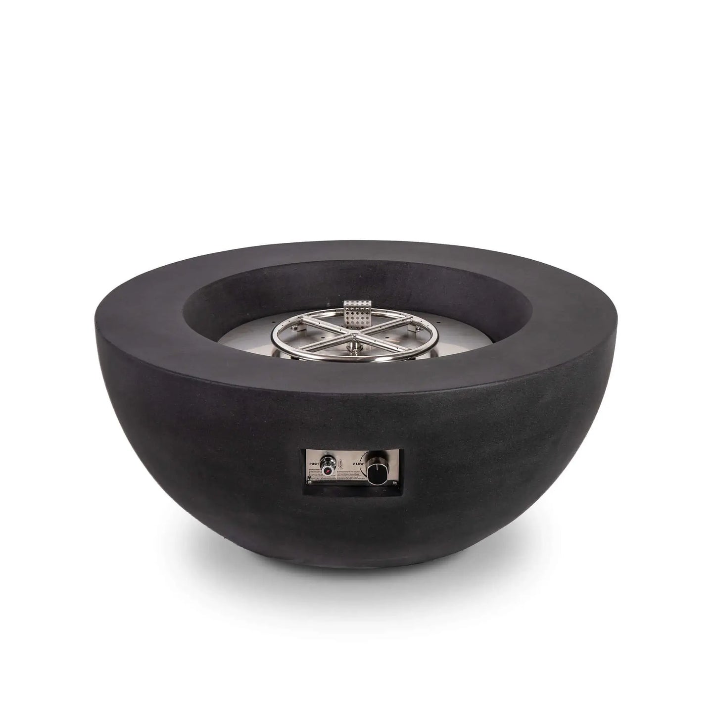 Front view of the Flame Havens Refuge Series 36-inch Round Natural Gas GFRC Concrete Fire Pit in Black with the stainless steel burner system exposed. The image showcases the circular burner ring, CSA-certified ignition assembly, precision stainless steel burner plate, and front-mounted control panel, highlighting the premium engineering and durable construction of the fire pit.