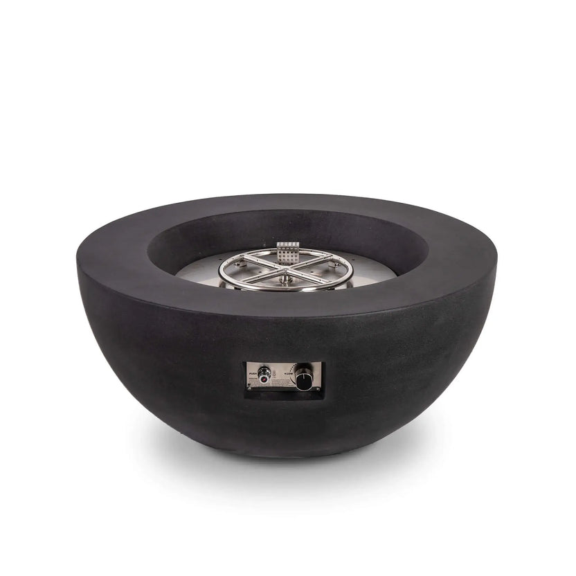 Front view of the Flame Havens Refuge Series 36-inch Round Natural Gas GFRC Concrete Fire Pit in Black with the stainless steel burner system exposed. The image showcases the circular burner ring, CSA-certified ignition assembly, precision stainless steel burner plate, and front-mounted control panel, highlighting the premium engineering and durable construction of the fire pit.