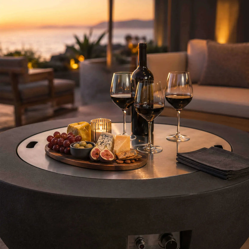 Lifestyle image of the Flame Havens Refuge Series 36-inch Round Natural Gas GFRC Concrete Fire Pit in Black featuring the stainless steel burner cover used as an elegant outdoor tabletop. A wine bottle, glasses, charcuterie board, candle, and folded napkins demonstrate how the covered fire pit serves as a functional centerpiece for entertaining on a luxury patio overlooking the ocean at sunset.