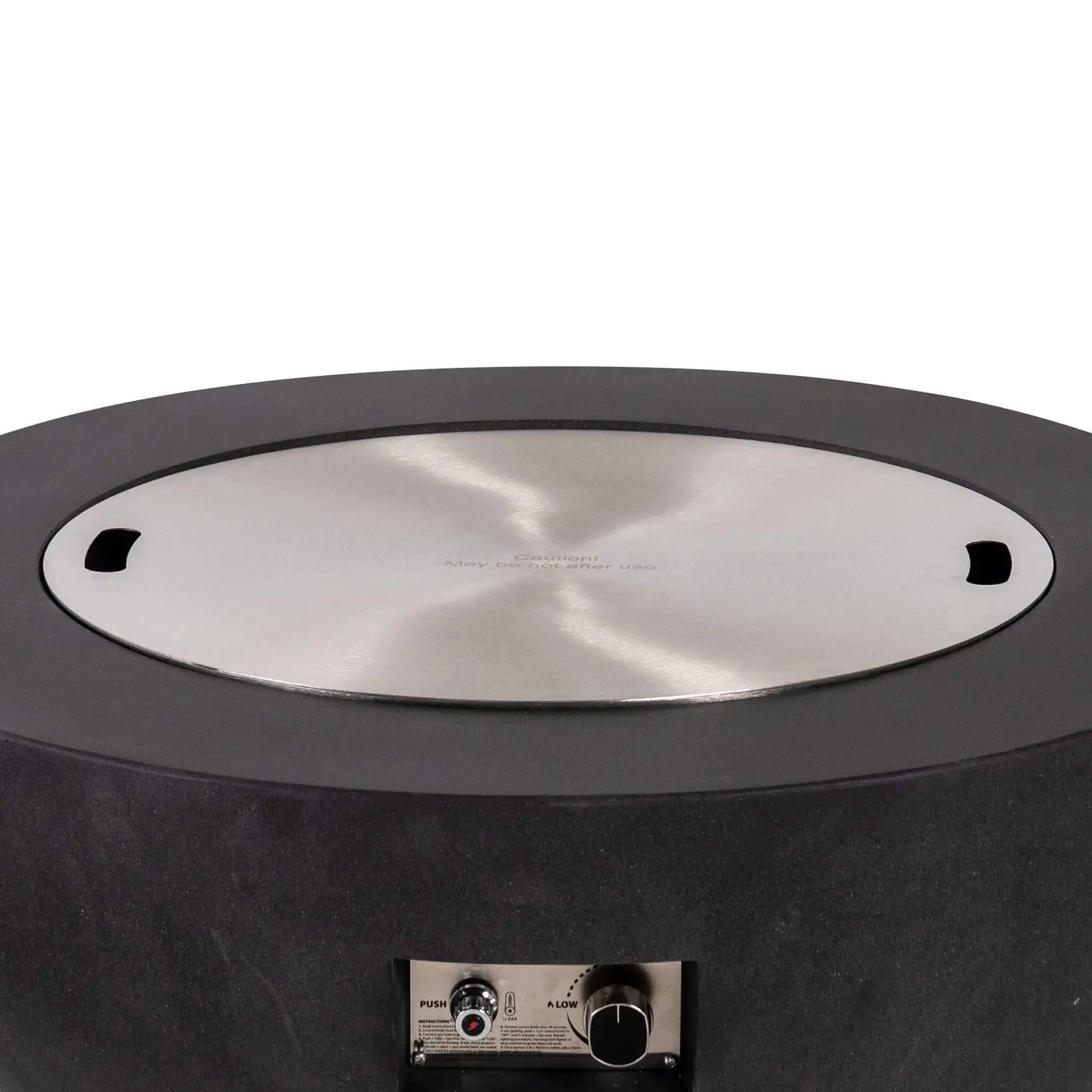 Front product image of the Flame Havens Refuge Series 36-inch Round Natural Gas GFRC Concrete Fire Pit in Black with the optional stainless steel burner cover installed. The flush-mounted cover transforms the fire pit into a functional outdoor coffee table while preserving the burner beneath and complementing the modern GFRC concrete design.